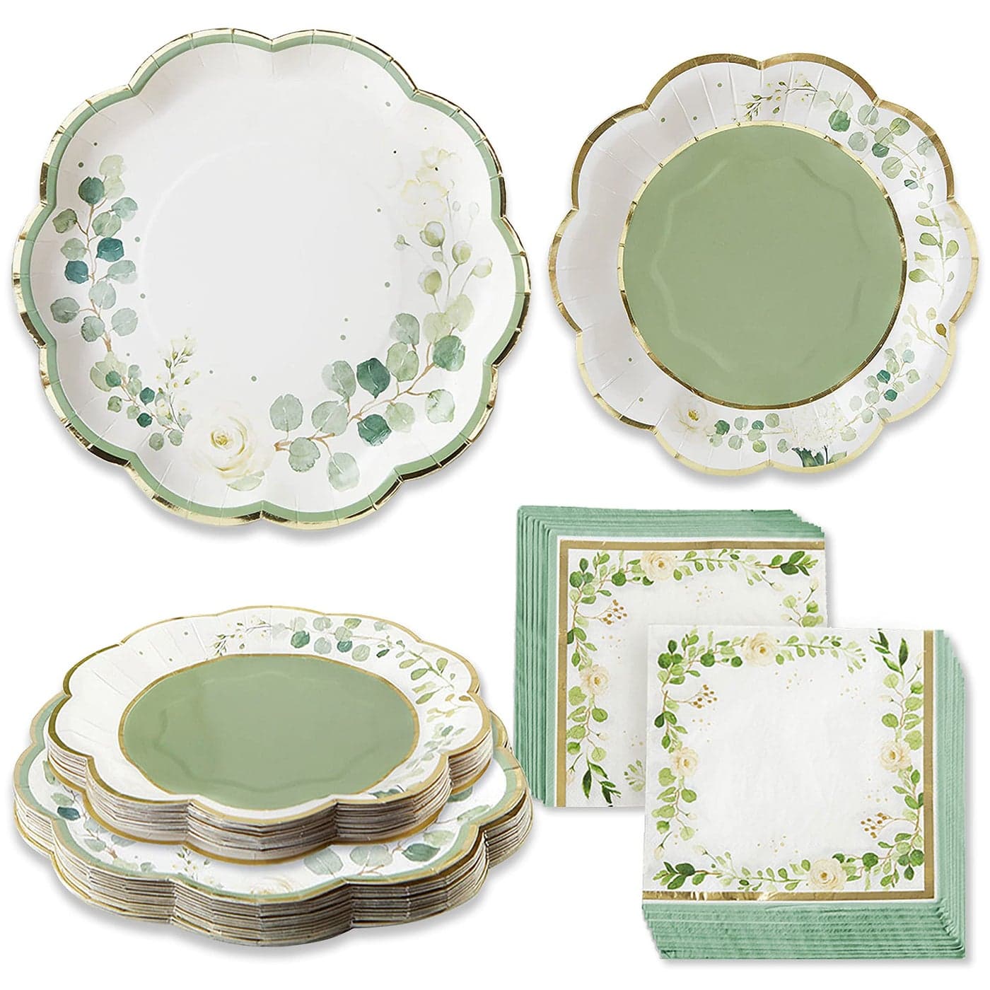 Kate Aspen Sage Green Party Decorations Eucalyptus Floral Botanical Garden 62 Piece Party Tableware Set 16 Guests Perfect for Greenery Baby Shower Bridal Showers