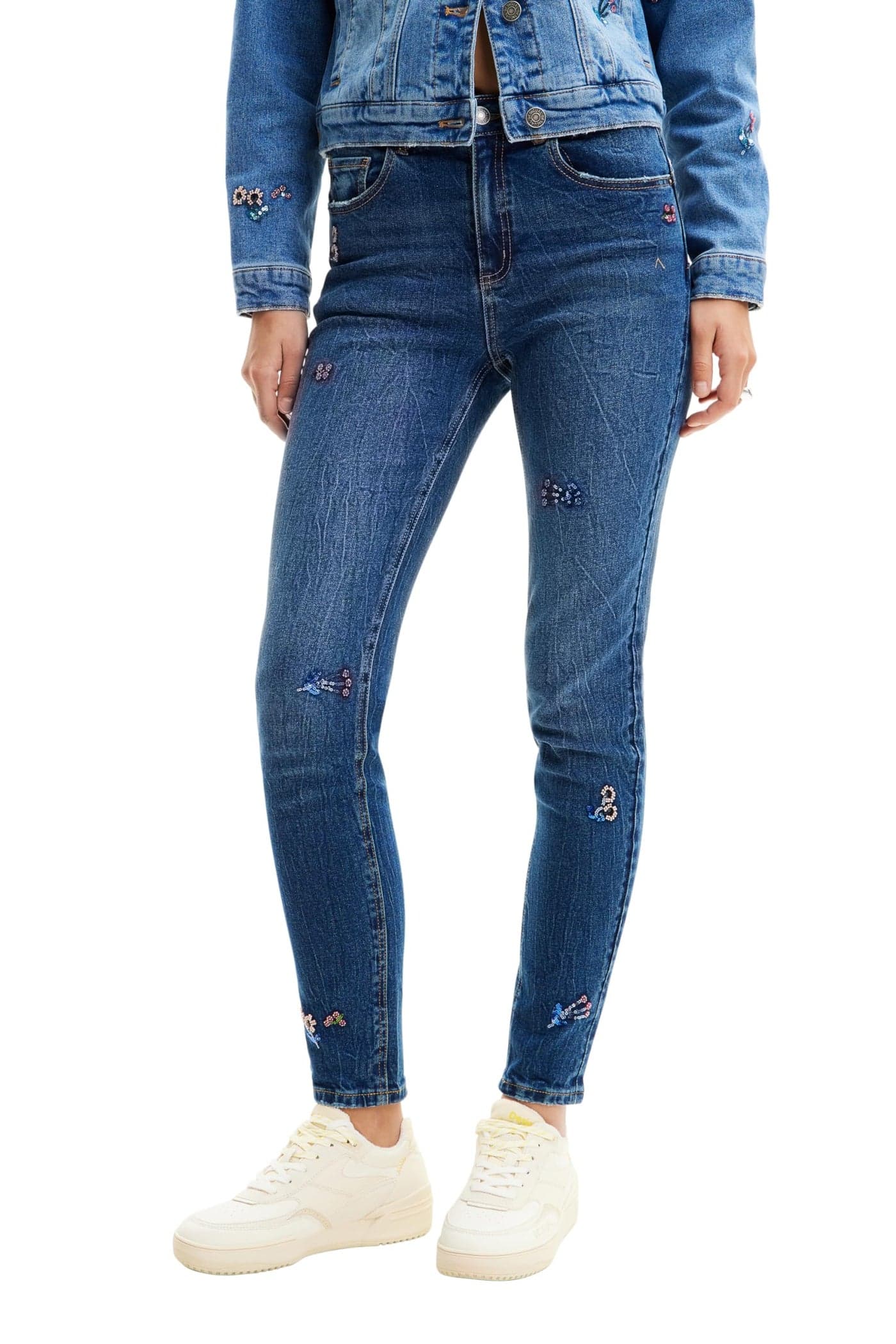 Desigual Womens Slim Beaded Floral Jeans Blue