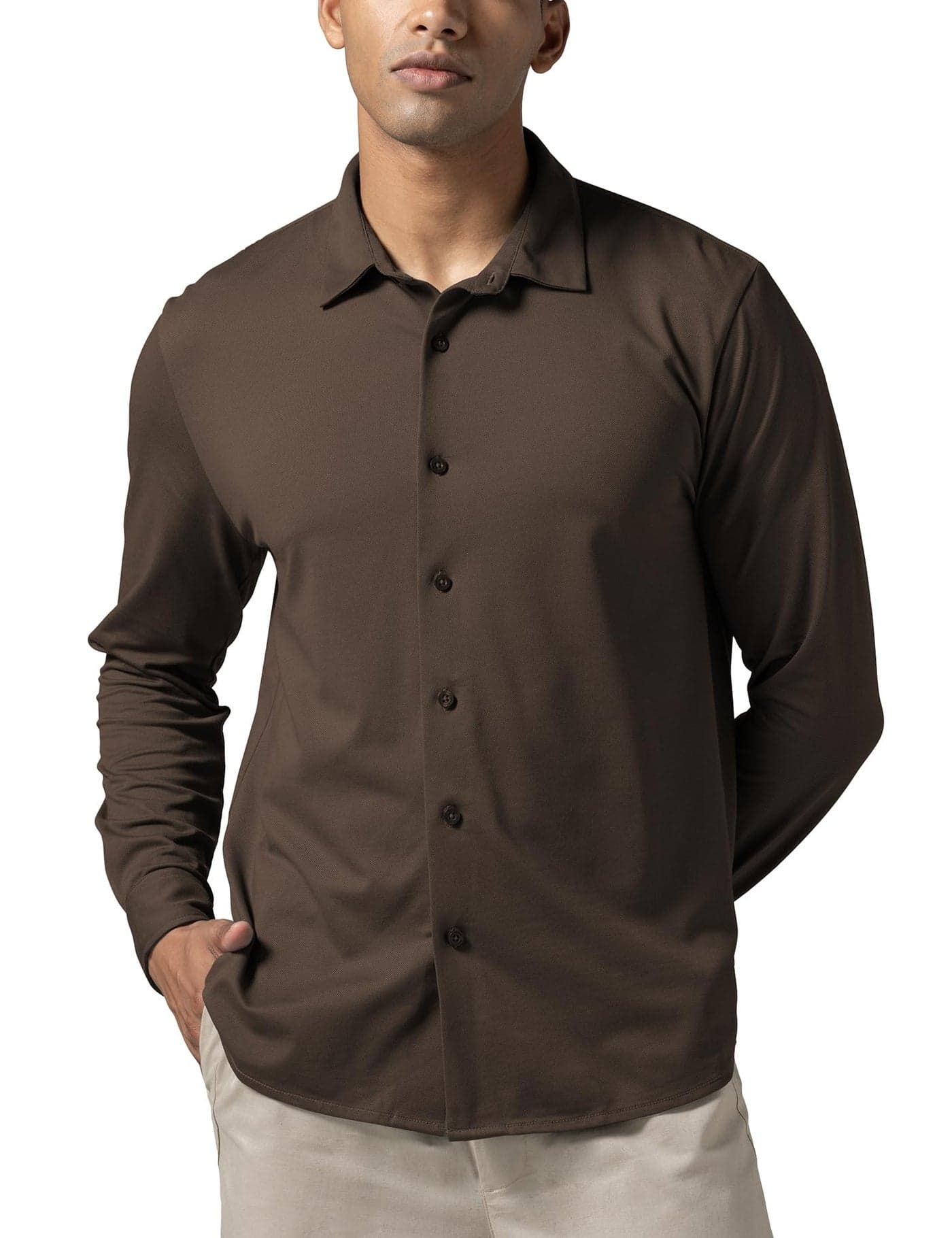 DAMENSCH Constant Cotton Thermoregulating Pique Full Shirts-Coffee Brown-XXL