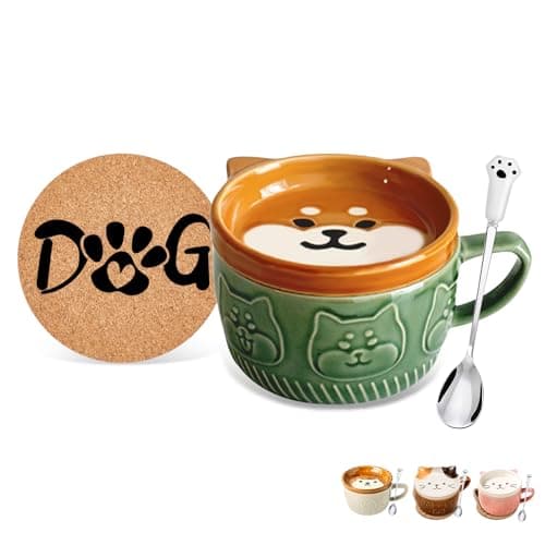 BigNoseDeer Cute Kawaii Dog Mug,Dog Coffee Mugs with Lids,Novelty Animal Coffee Ceramic Tea Cup Dessert Saucer Set,Christmas Birthday Presents for Girls Friend Kids,Dog Lovers Gifts for Women
