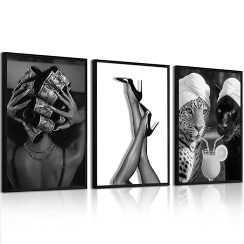 Youillne Black White Leopard Wall Art Trendy Cheetah Canvas Wall Decor Fashion Cocktail Poster Pictures Cheetah Stylish Prints Heels Painting for Bathroom Bedroom 12x16 Inch Unframed Set of 3