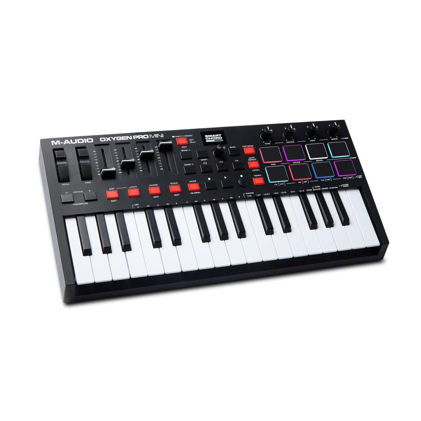 MAUDIO Oxygen Pro Mini 32Key USB MIDI Keyboard Controller for MacOS and WinOS with Beat Pads Assignable Knobs and Faders and Native Instruments Sound Pack NKS Integration