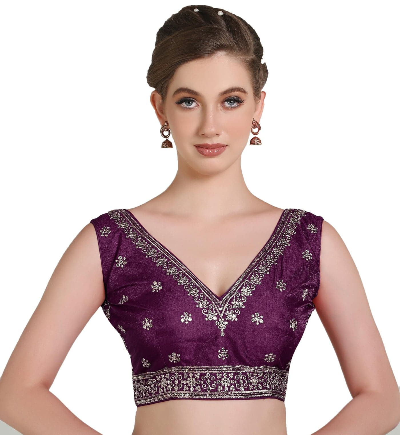 Pujia Mills Women's Indian Ethnic Wear Designer Gold zari Embroidery with Sequence Work V Neck Sleeveless Readymade Back Side Worked Saree Blouse (Wine, 32)