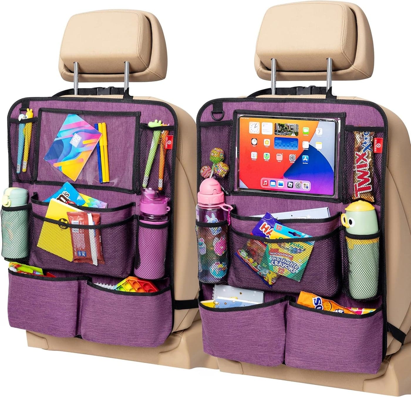 Helteko Backseat Car Organizer with Touch Screen Tablet Holder - 2 Pack, Violet