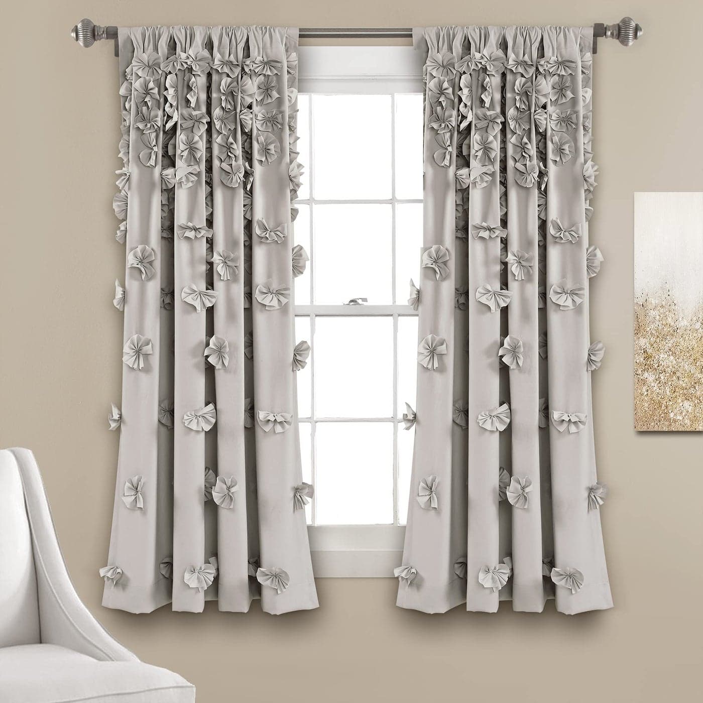 Lush Decor Riley Window Curtain SemiSheer Ruffled Textured Bow Window Panel for Living Dining Room Bedroom Single 54W x 63L Light Gray