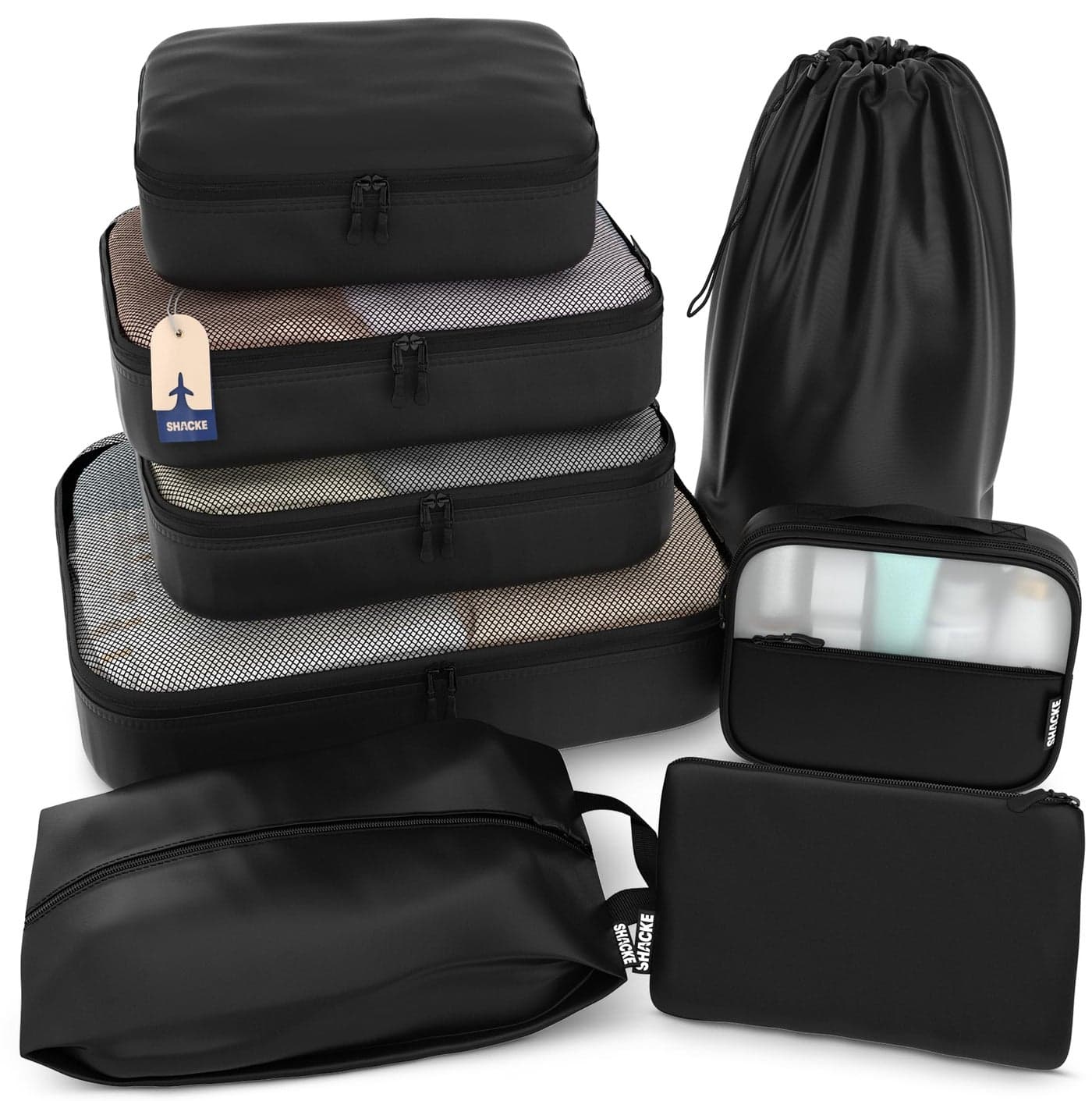 Shacke Premium 8 Packing Cubes Set - Lightweight Mesh Travel Luggage Organizers with Laundry Bag, 8-Piece Suitcase Storage System (Air Black)