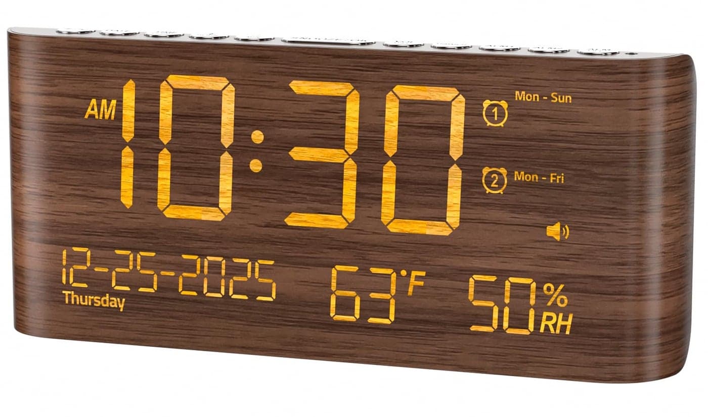 Mesqool Digital Alarm Clock with Dual Alarms, Temperature & Humidity Display, USB & Type-C Charging, 5-Level Brightness for Bedroom & Office