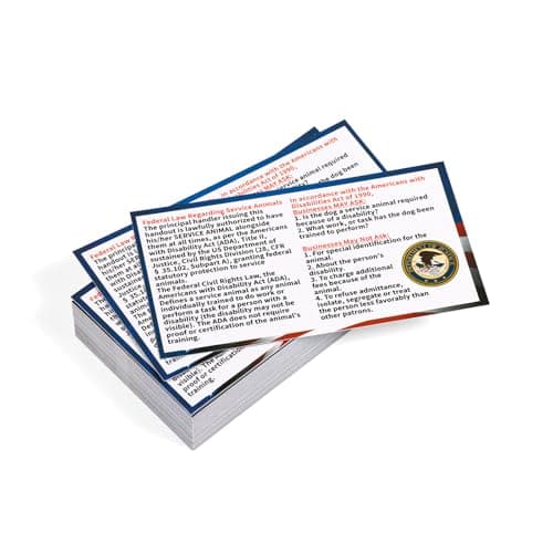 50pcs Service Dog Law Cards, ADA Service Animal Id Badge Gear Stuff Information Cards Tag Registration Certificate Print on Both Sides States Handler's Legal Rights to Uninformed Business Personnel
