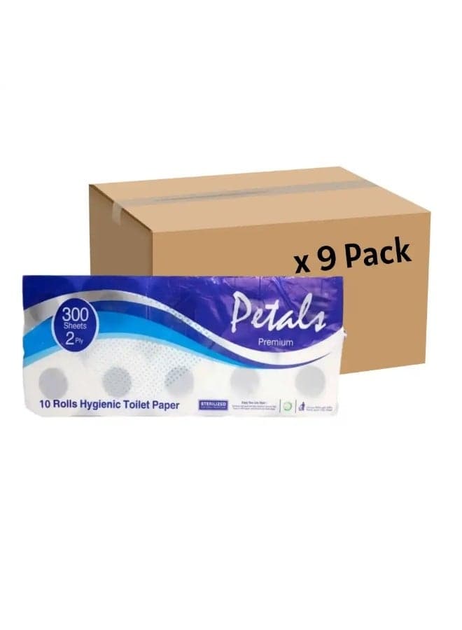 Petals Premium 2 PLY Bulk 10 Rolls Hygienic Toilet Paper 300 Sheets- 9 Pack