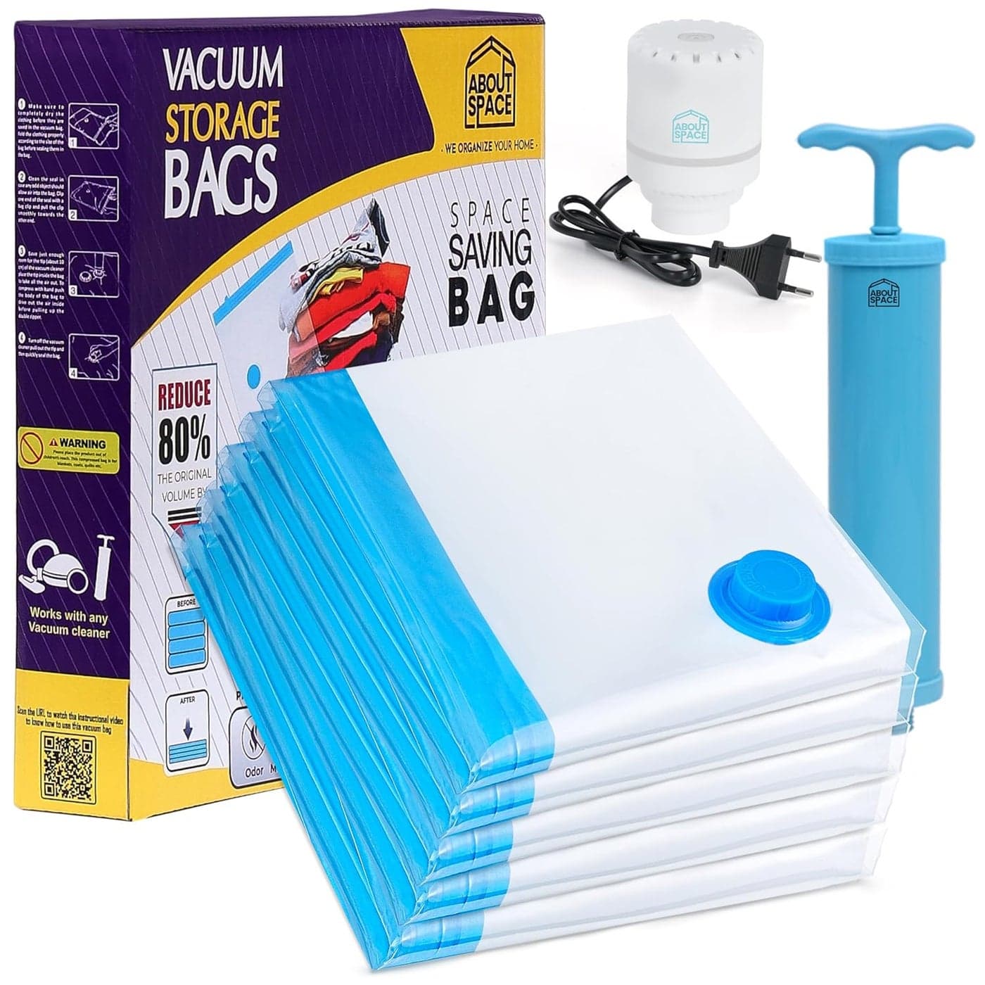 ABOUT SPACE 5 Large Vacuum Bags for Travel with Electric Pump and Hand Pump Airtight Polyethylene Reusable Space Saver Compression Storage Bags for Packing Vaccine Sealer Bags for Blanket Blue
