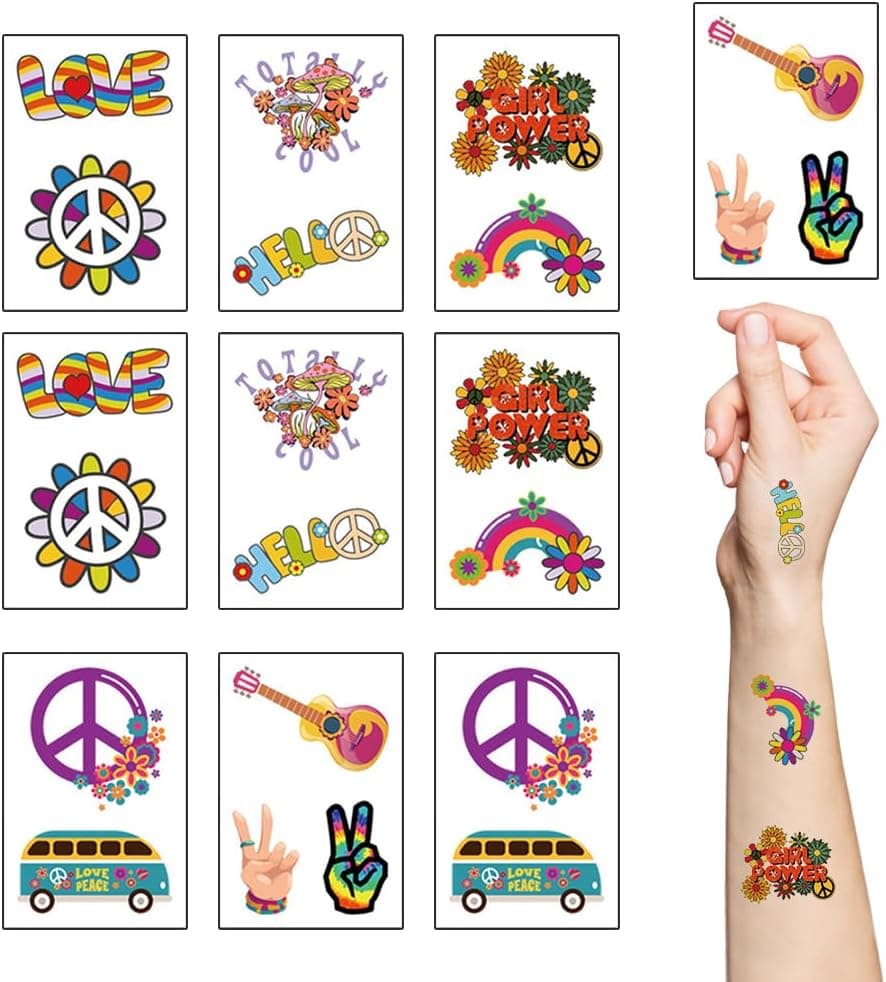 Hippie Temporary Tattoos10 Sheets Peace and Love Daisy Flower Tattoo StickersGirl Power Rainbow Face Tattoos for Adults and Kids Hippie Costume Birthday Party Supplies Accessories