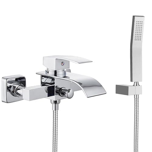 Midanya Wall Mount Bathtub Faucet with Handheld Spray Waterfall Tub Filler Single Handle Bathroom Tub Mixer Tap Hand-Shower System with Curved Spout Commercial,Polish Chrome