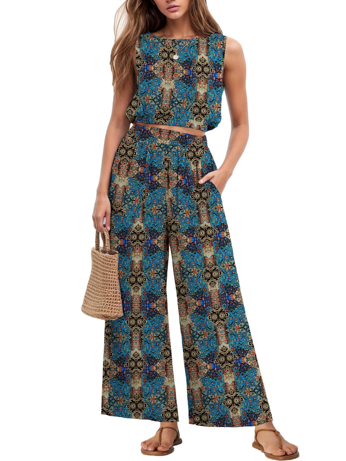 GRECERELLE 2 Piece Lounge Set Women SummerResort Wear for Women 2026 Sleeveless Crop Top Wide Leg Pants Sweat Set FP-Color Blue Paisley-M