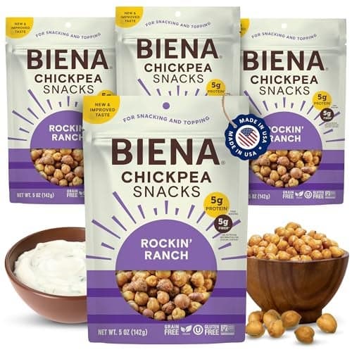 BIENA Chickpea Snacks Crunchy Roasted Chickpeas High Fiber Vegan Protein Snacks for Adults and Kids 4Pack 5 Ounce Bags Rockin Ranch