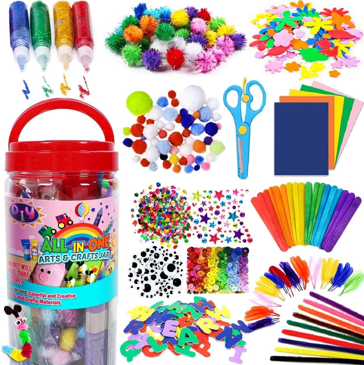 FUNZBO Arts and Crafts Supplies for Kids - Craft Kit with Glitter Glue Stick, Valentine Pipe Cleaners Craft & Craft Tools, DIY School Supplies Kit, Girls Toys, Gifts for Girls and Boys Age 4+
