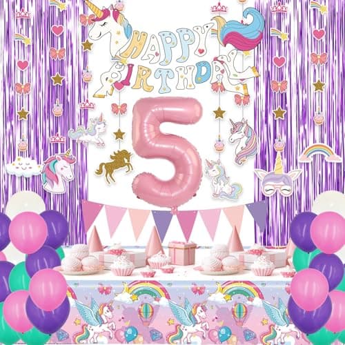 5th Girl Birthday Unicorn Party Decorations set 5 Year Old Party Supplies for Girls with Balloons Garland kit Birthday Tablecloth Unicorn Banner
