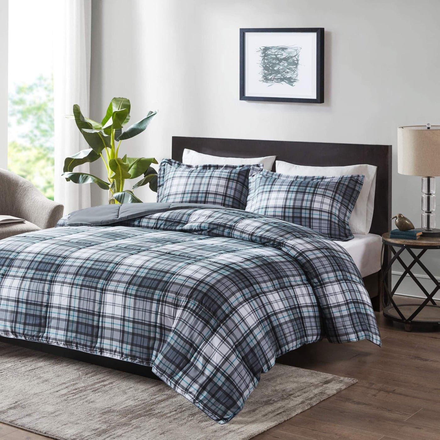 Madison Park Essentials Parkston Plaid Comforter Matching Sham 3M Scotchguard Stain Release Cover Hypoallergenic All Season BeddingSet FullQueen Grey 3 Piece