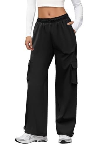 DLOODA Cargo Pants Women Quick Dry Parachute Hiking Pants with Pockets Elastic Waist Lightweight Water Resistant Joggers Black M