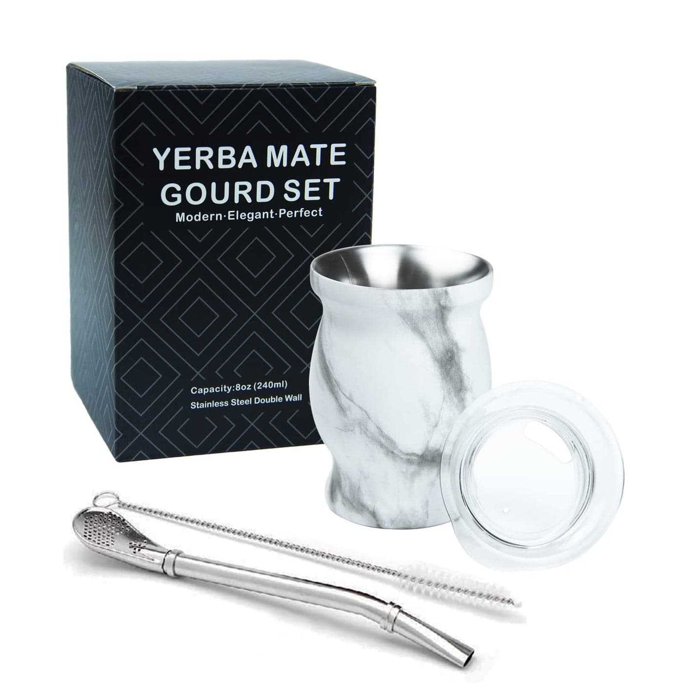 LA FEE Yerba Mate Natural GourdTea Cup Set Brown Original Traditional Mate Cup 8 OuncesIncludes Yerba Mate Straw Cleaning BrushStainless Steel DoubleWalled Easy to Clean White