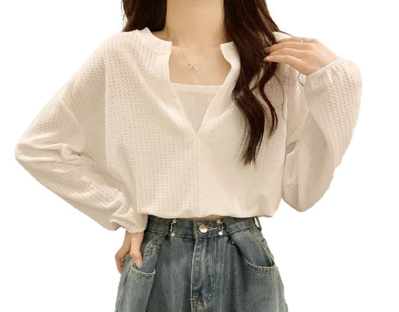 ICW Women's French Chic V-Neck Knitted Fake two-piece suspenders long sleeves Crop Top T-Shirt DN55 (White)