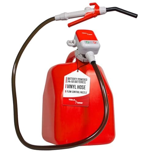 TERA PUMP 2nd Gen Fuel Transfer Pump with High Flow Nozzle 25 GalMin Universal Gas Can Adapter AA x 4 Battery Powered 42ft Extended Vinyl Hose