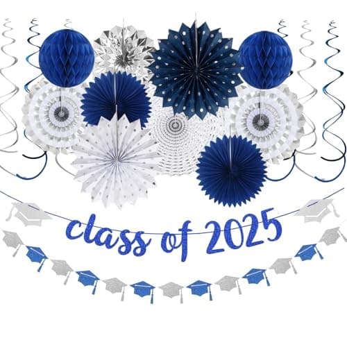 Navy-Blue Silver Party-Decorations Graduation Banner-Streamers - 18pcs Kits Class of 2025 Garland, Paper Tissue Pom Poms Fan, Honeycomb Lanterns Congrate Grad Congratulations Decor Panduola