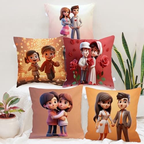 STITCHNEST Gift for Boyfriend Girlfriend Husband Wife Couples Girls Boys Printed Jute Cushion Cover, Set of 5 (16x16 Inches)