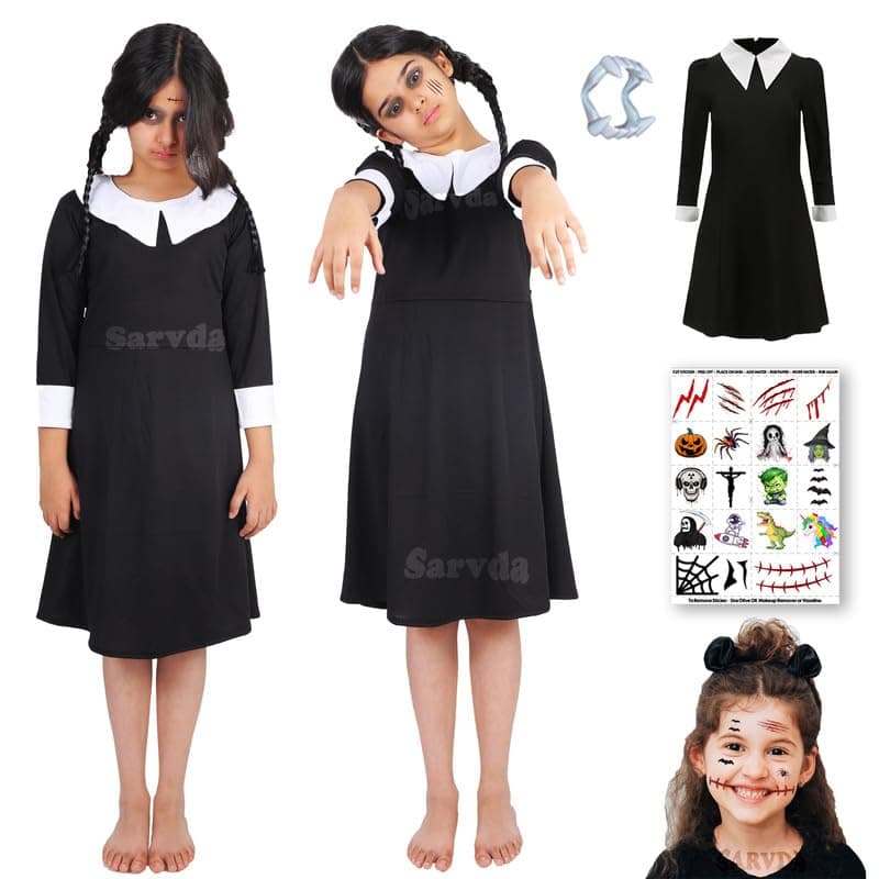 Sarvda Halloween Dress for Girls | Inspired Character Dress | Stylish Dress with Scary Teeth | Makeup Tattoo Scars Wounds | Haunted Witch Costume | For 2 to 3 Year Kids