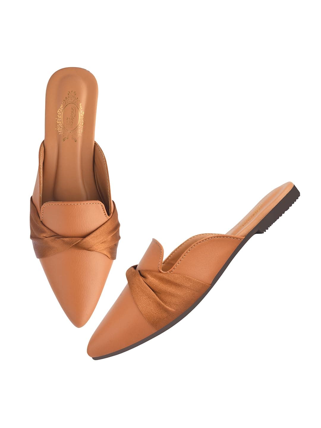 Shoetopia Women's TanSlip-On Mules – Pointed Toe Flats with Satin Ribbon Detailing | Stylish Casual & Office EU36