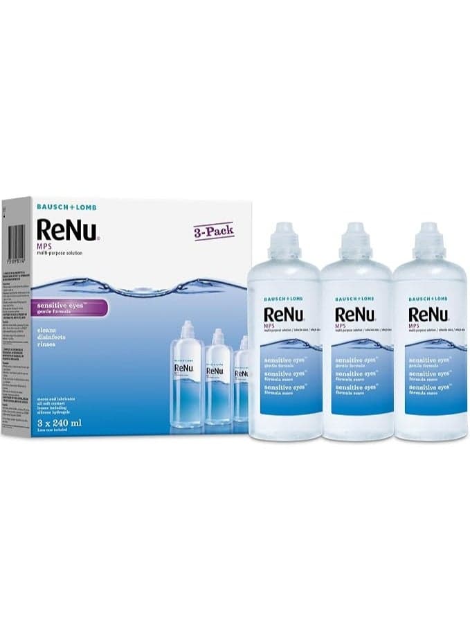 ReNu Multi-Purpose Contact Lens Solution 3 x 240ml - Soft Contact Lenses for Comfortable Wear - Gentle on Sensitive Eyes - Clean, Disinfect, Rinse, Lubricate and Store your Lenses - Lens Case Included