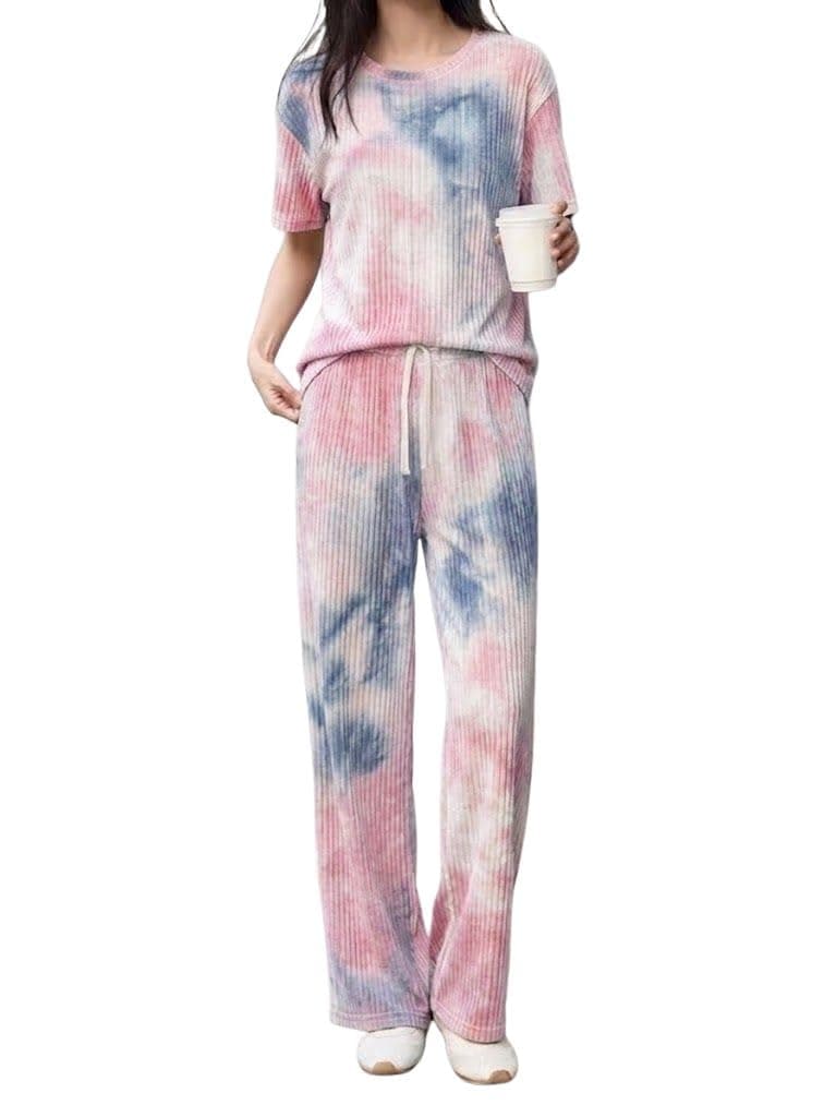 SMOWKLY Women’s Tie-Dye Pajama Set | Relaxed Fit Short Sleeve Top & Long Pants Sleepwear | Soft & Comfy Lounge Wear Set with Pockets winter wear for women | Trendy Korean Co-ord Set (1682_MLT_XL)