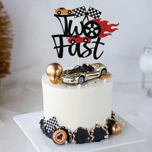 Sleyberoy Two Fast Racing Cake Toppers - Checkered Flag Theme, Racing Fan Club Anniversary, Baby Shower,Kids Boys & Girls 2nd Birthday Party Supplies (two)