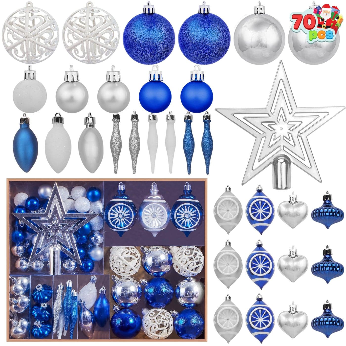 Joiedomi 70Pcs Assorted Christmas Ornaments Set with Ball Ornaments Star Topper and Heart Hanging Shatterproof Christmas Ornaments for Holidays and Xmas Tree Ornaments Blue SilverWhite