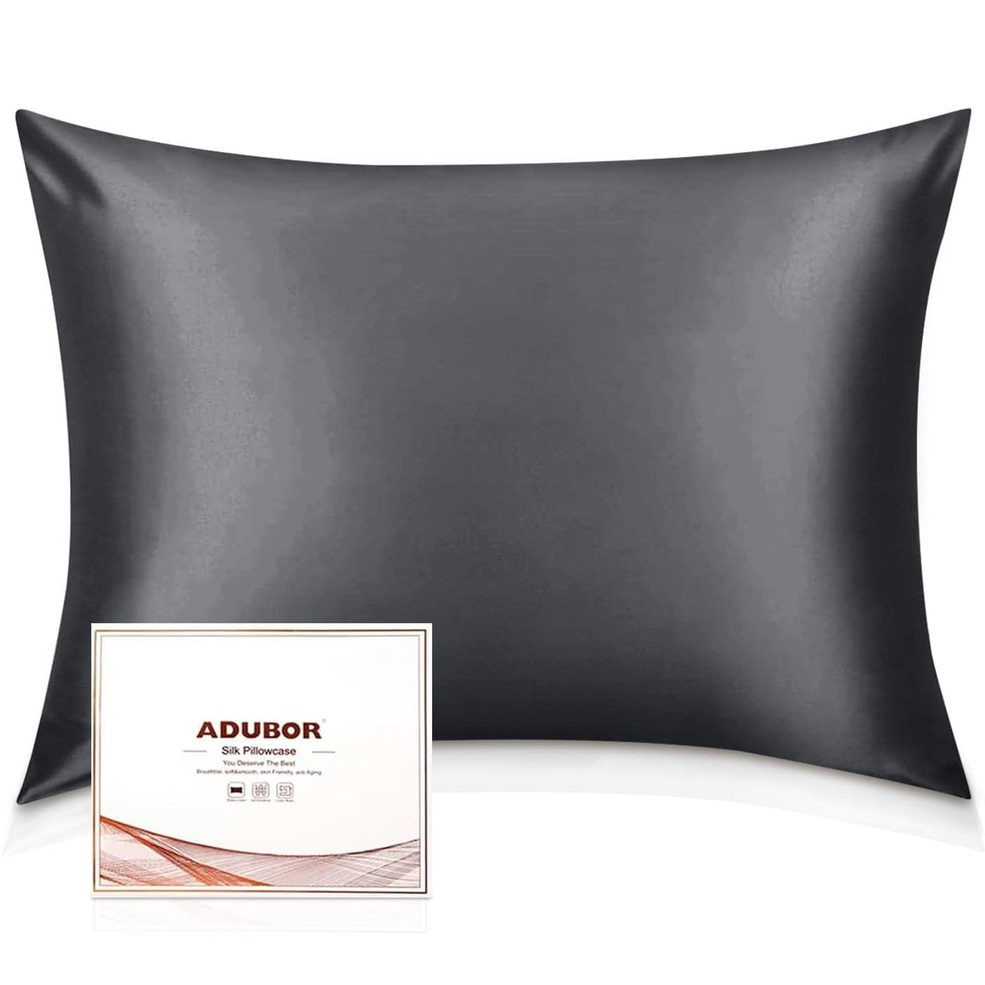 Adubor 100 Silk Pillowcase Mulberry Silk Pillow Cases 23 Momme 6A Grade Fibers Silk Pillow Case for Hair and Skin Health with Hidden Zipper Queen 20x30 Space Gray 1PC
