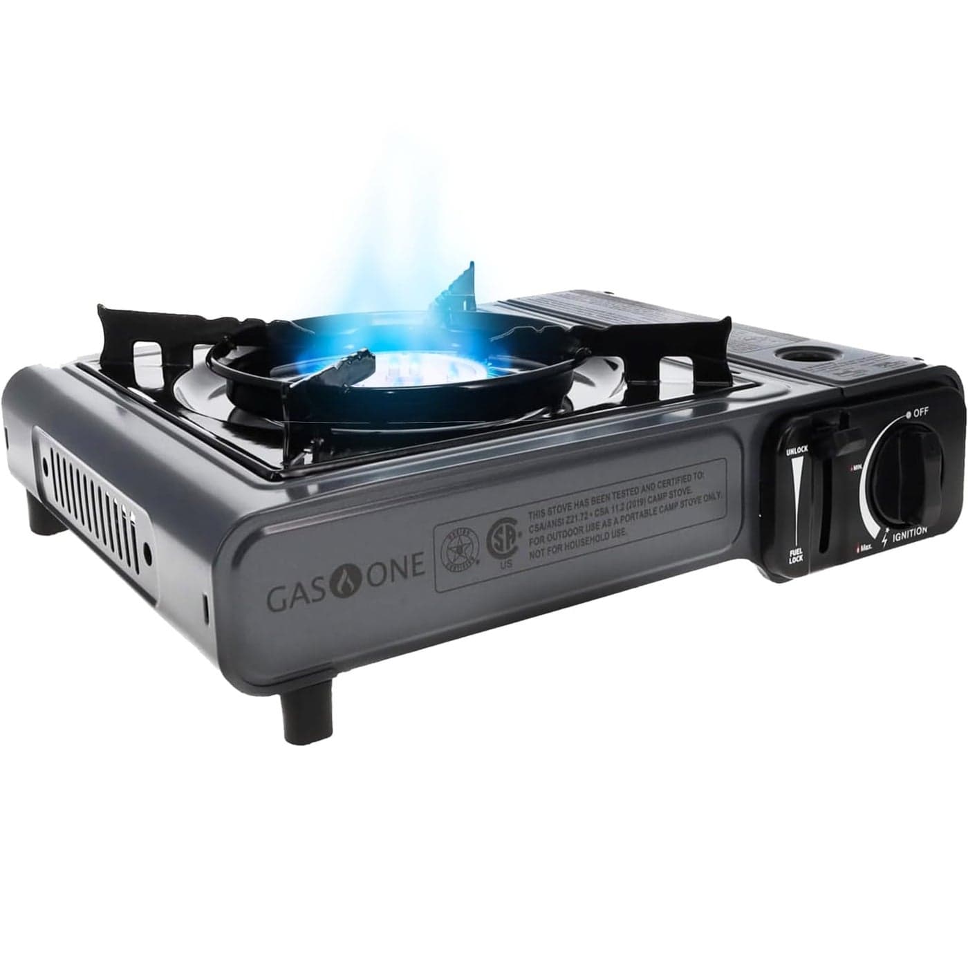Gas One Portable Butane Camping Stove with Case Automatic Ignition Precise Heat Control Camping Tailgating and Outdoor Cooking