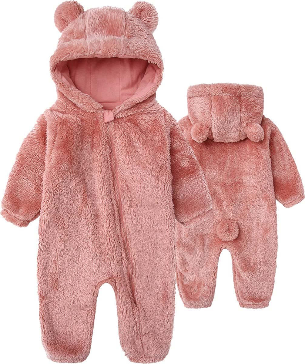 Baby Fleece One Piece Onesie Cute Bear Jumpsuits Winter Hooded Rompers with Zipper Pink 36M