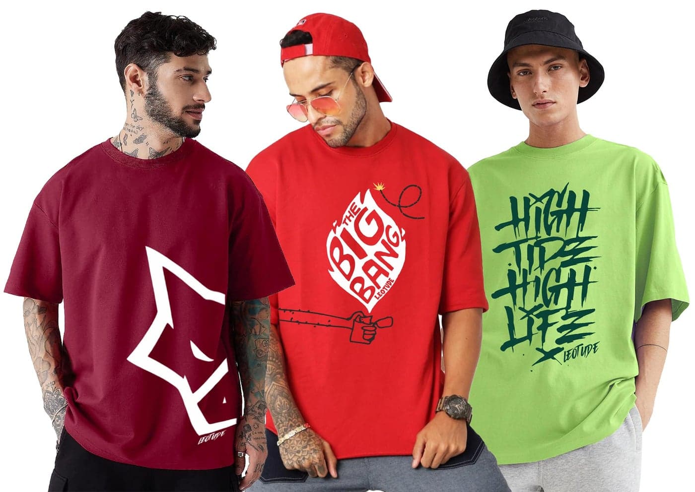 LEOTUDE Men's Oversized Half Sleeve Cottonblend Round Neck T-Shirt (PO3_FS49_Wolf_MSTD_Smile_Shark_P_Black_Multicolor3_XXL)