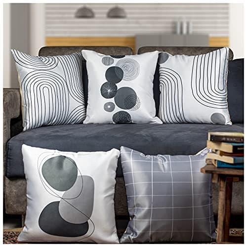 Vendola Decorative Satin Sofa Cushion Covers Set of 5, 20 inch x 20 inch, Sofa Cushion Pillow Cover, White and Grey, Zipper Closure (Monochrome, 20X20 Inches)