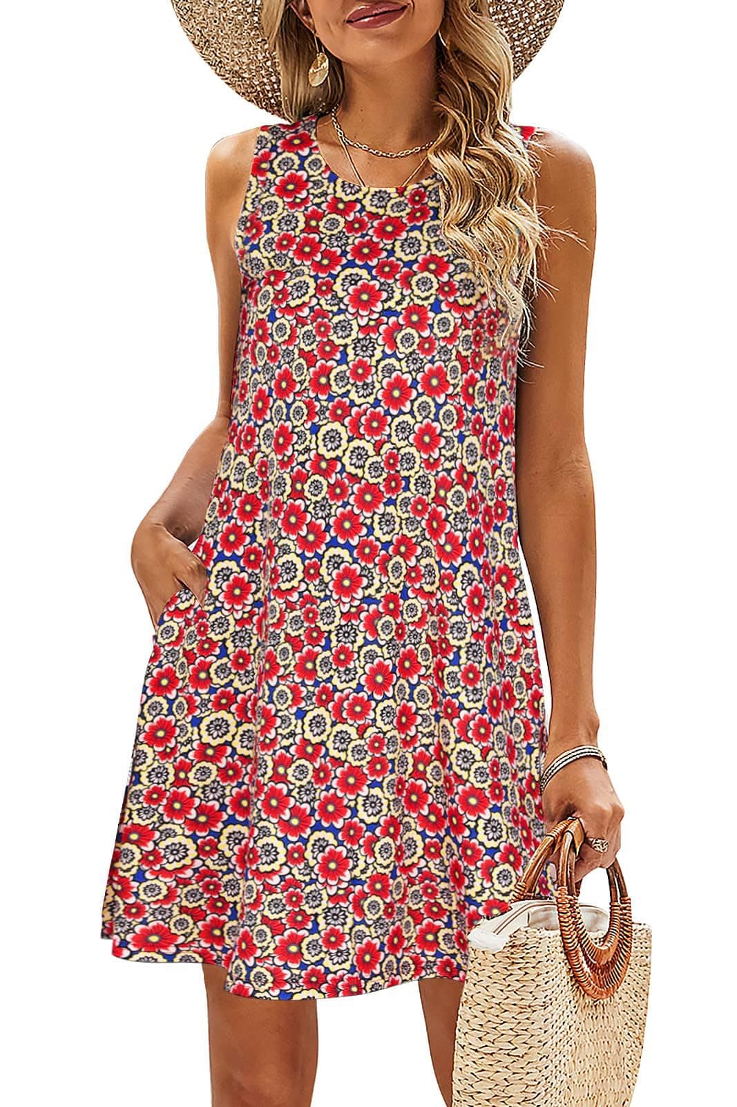 SimpleFun Womens Summer Dresses Sleeveless T Shirt Sundress Trendy Floral Tank Dress with Pockets Red,L