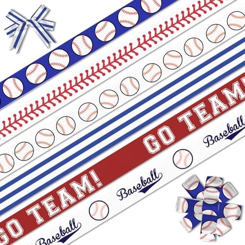 Estivaux 6 PCS Sports Baseball Ribbons for Crafting 38 Width Grosgrain Ribbon Blue Red Stripes Ribbon Sports Roll Balls Craft Ribbons for Sports Party Decor Sewing DIY Crafts Supplies