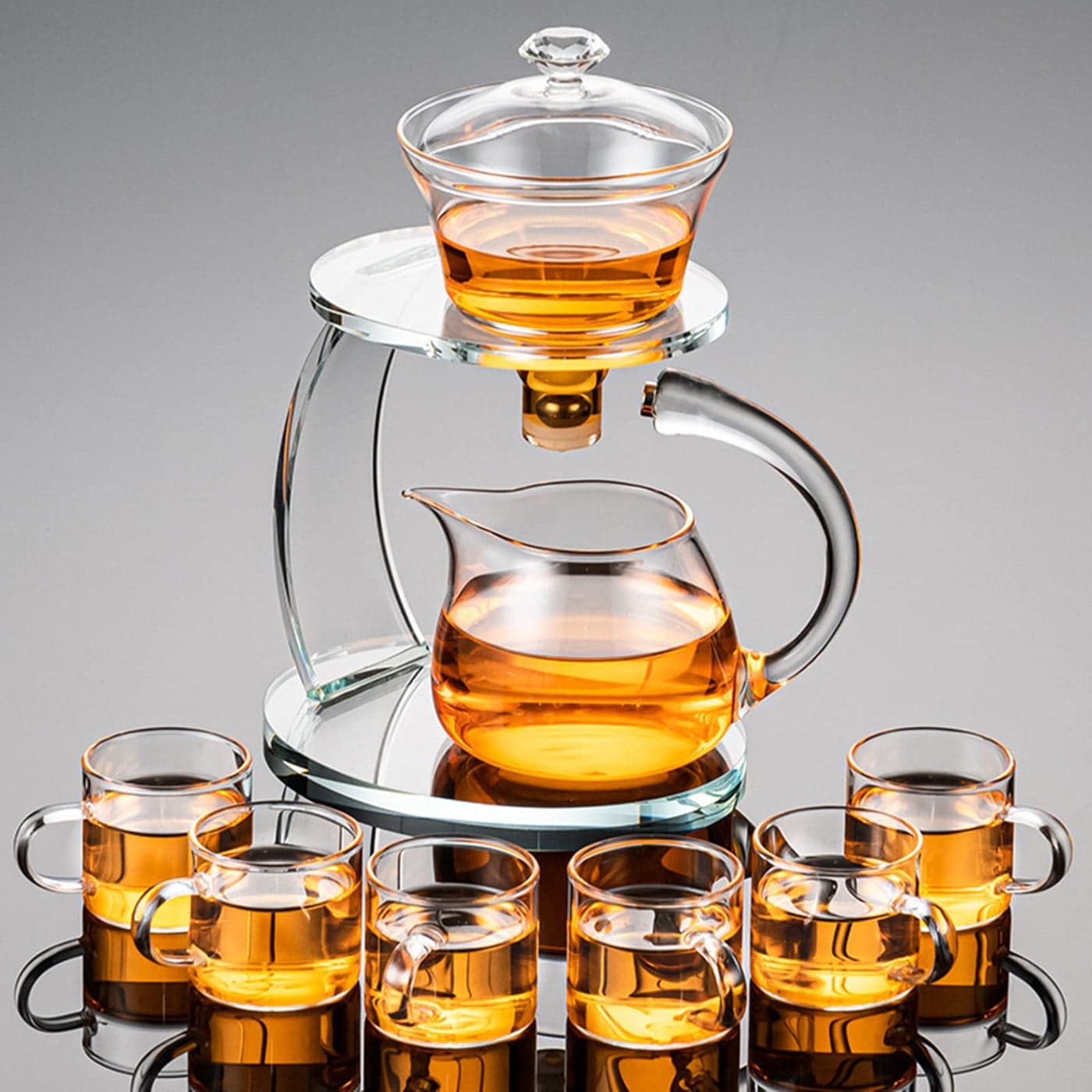 MOZEO Glass Teapot Set Semi Automatic Drip Rotating with Infuser Lazy Kungfu Tea pot Set Heat Resistant Tea Set Teapot with 6pcs Cups