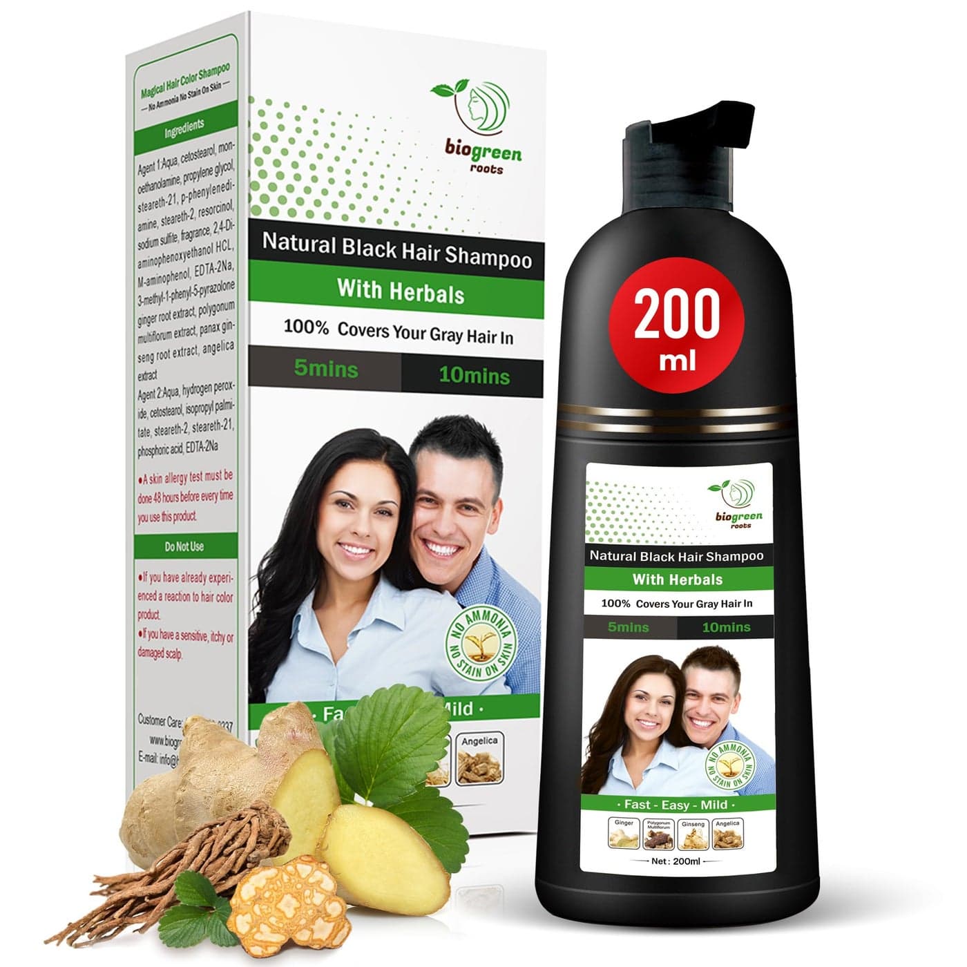 BIOGREEN ROOTS AmmoniaFree Paraben Free Herbal Hair Shampoo Hair Dye Shampoo for Women Men Natural Color Nourishment No Skin Stains Natural Black 200 ml