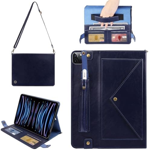 Handbag Case for iPad Pro 129inch 4th5th6th Gen iPad Air 13 20252024 Techcircle Folio Stand PU Leather Crossbody Wallet Case with Pencil Holder Hand Strap Shoulder Strap Navy