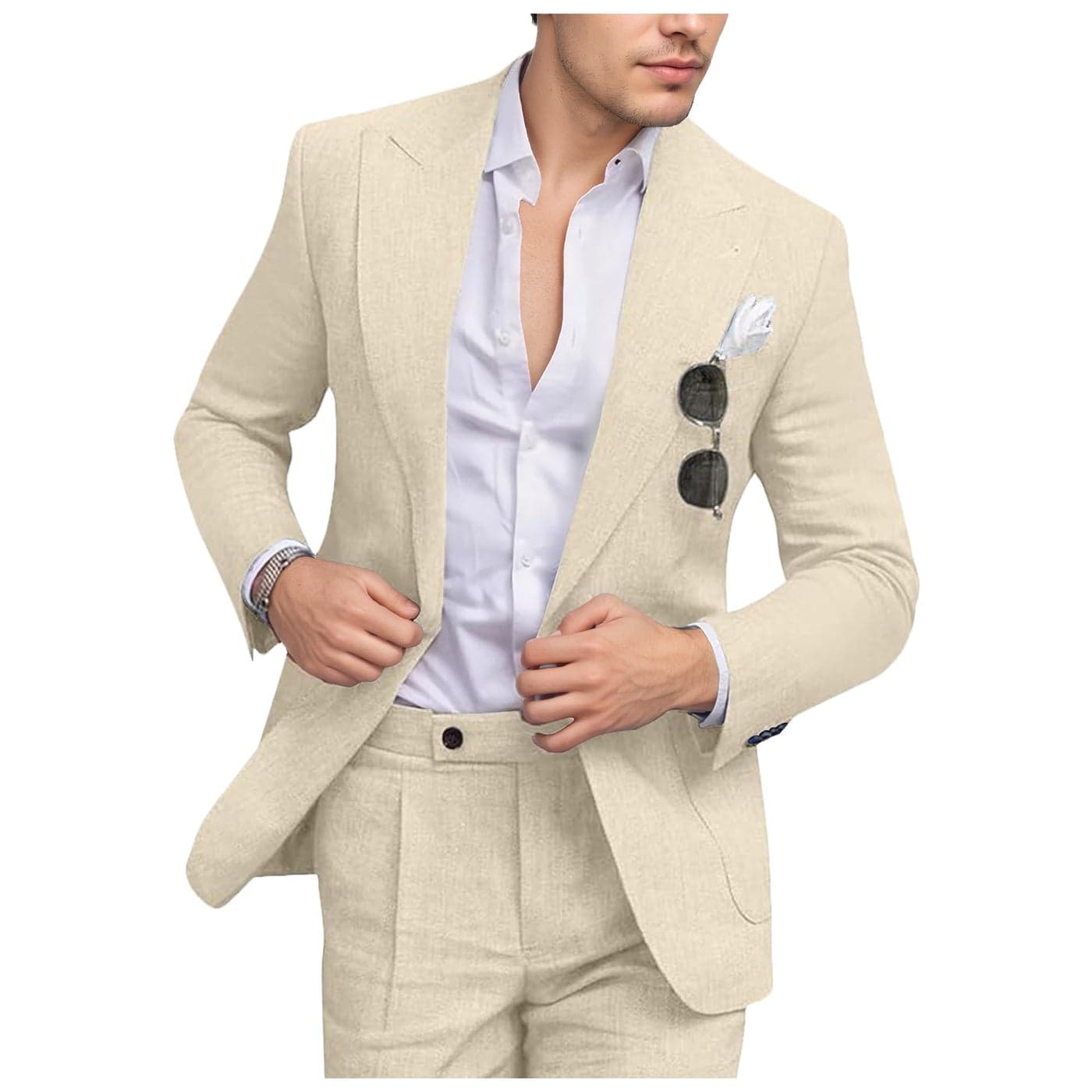 Mens Linen Suits 2 Piece Slim Fit Casual Suit Groomsmen Wedding Tuxedo Light Champagne Peak Lapel Blazer Pants Set XL