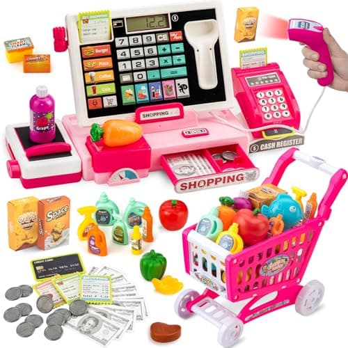 Kids Cash Register Toy with Shopping Cart Toddler Pretend Play Store Cashier Register for Kids with Music Real Calculator Scanner Learning Toys for Girls Birthday Gift for 38 Year Old Girl