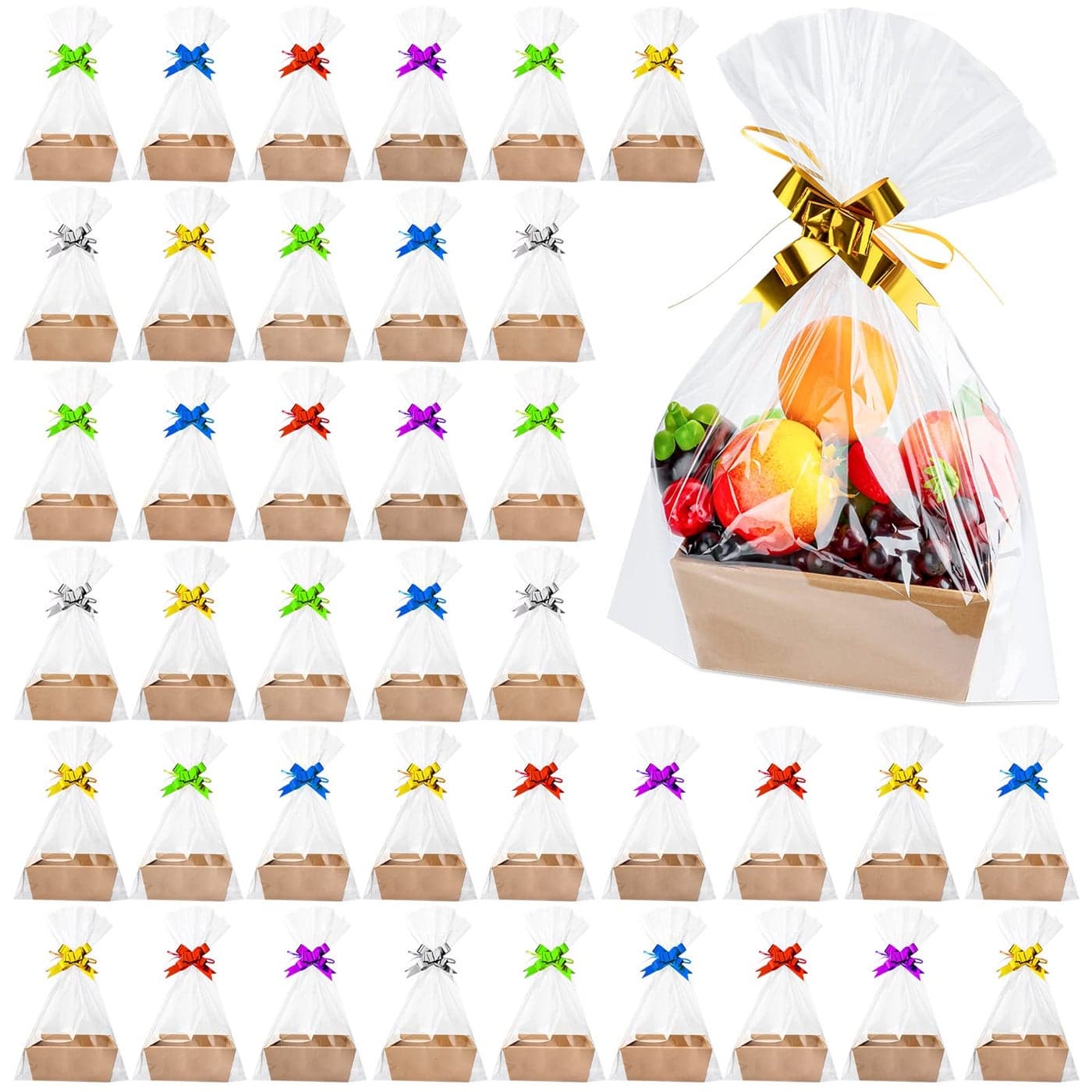 138 Pcs Empty Gift Basket Set 40 Cardboard 8 x 6 x 3 Inches Empty Baskets for Gifts with Handles 50 Bags 48 Multicolor Bows for Party Wedding Birthday Food Serving StorageBrown