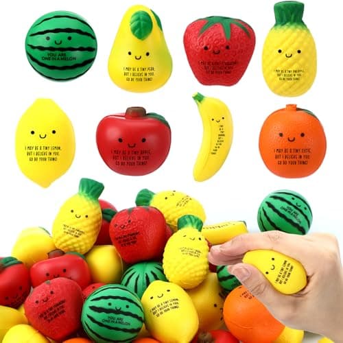 Outus 40 Pcs Fruit Stress Balls Bulk Inspirational Squeeze Balls Positive Foodie Fidgets Watermelon Veggie Foam Toy Gifts for Coworkers Employee Staff Office Dancing Fruit Party Favor Motivated