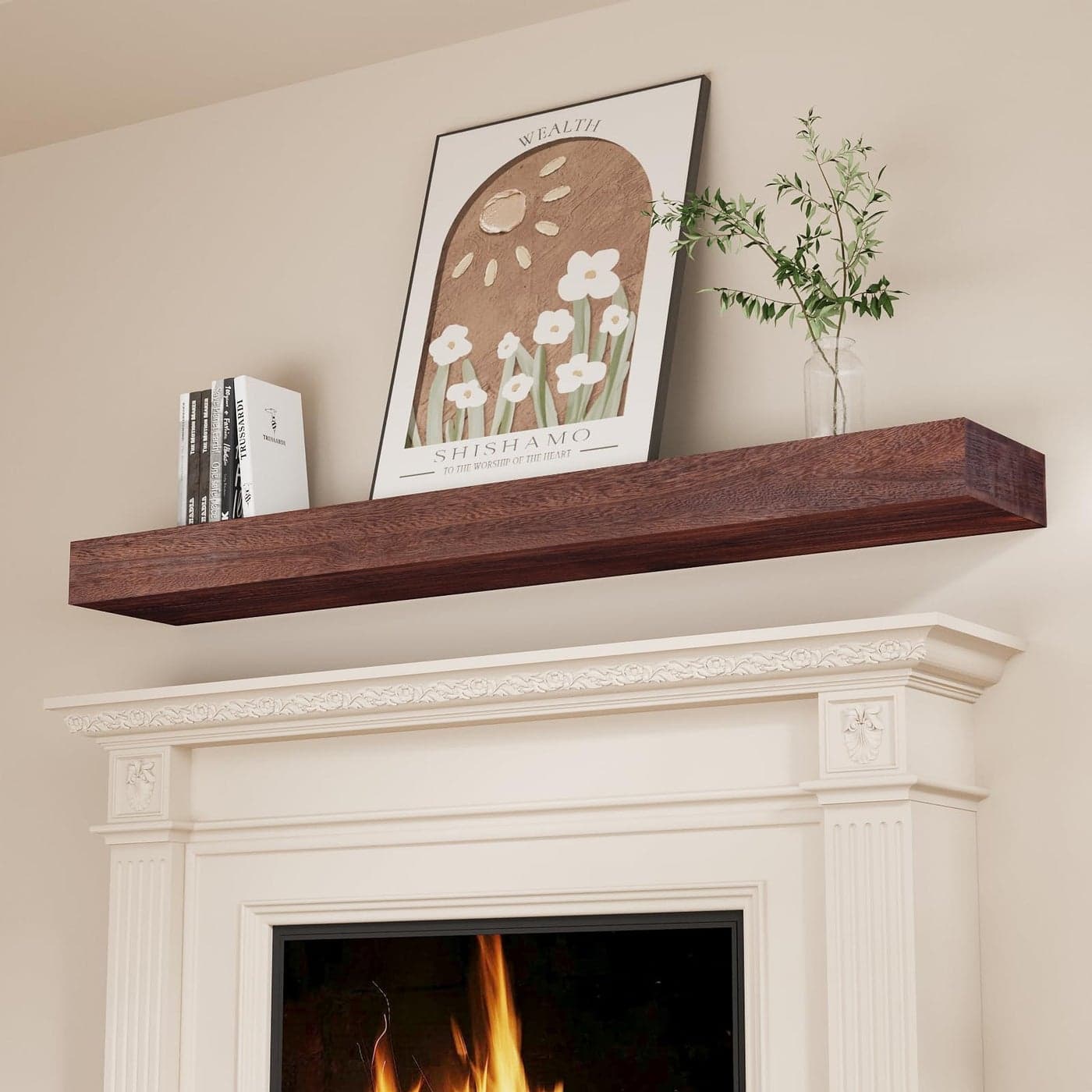SAUMONIERES Fireplace Mantel Shelves 60 Inch Solid Wood Wall Mounted Long Floating Shelf Hollow Brown