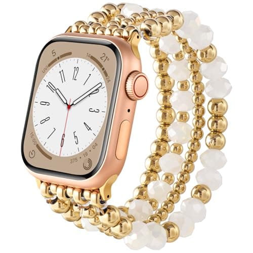 AIRSPO Gold Beaded Bracelets Compatible for Apple Watch Band 38mm 40mm 41mm 42mm 44mm 45mm Women, Fashion Handmade Dressy iPhone Watch Bands Elastic Strap for iWatch Series SE 8 7 6 5 4 3 2 1 (White Beads, 38mm/40mm/41mm-S(5.3"-6.2"))