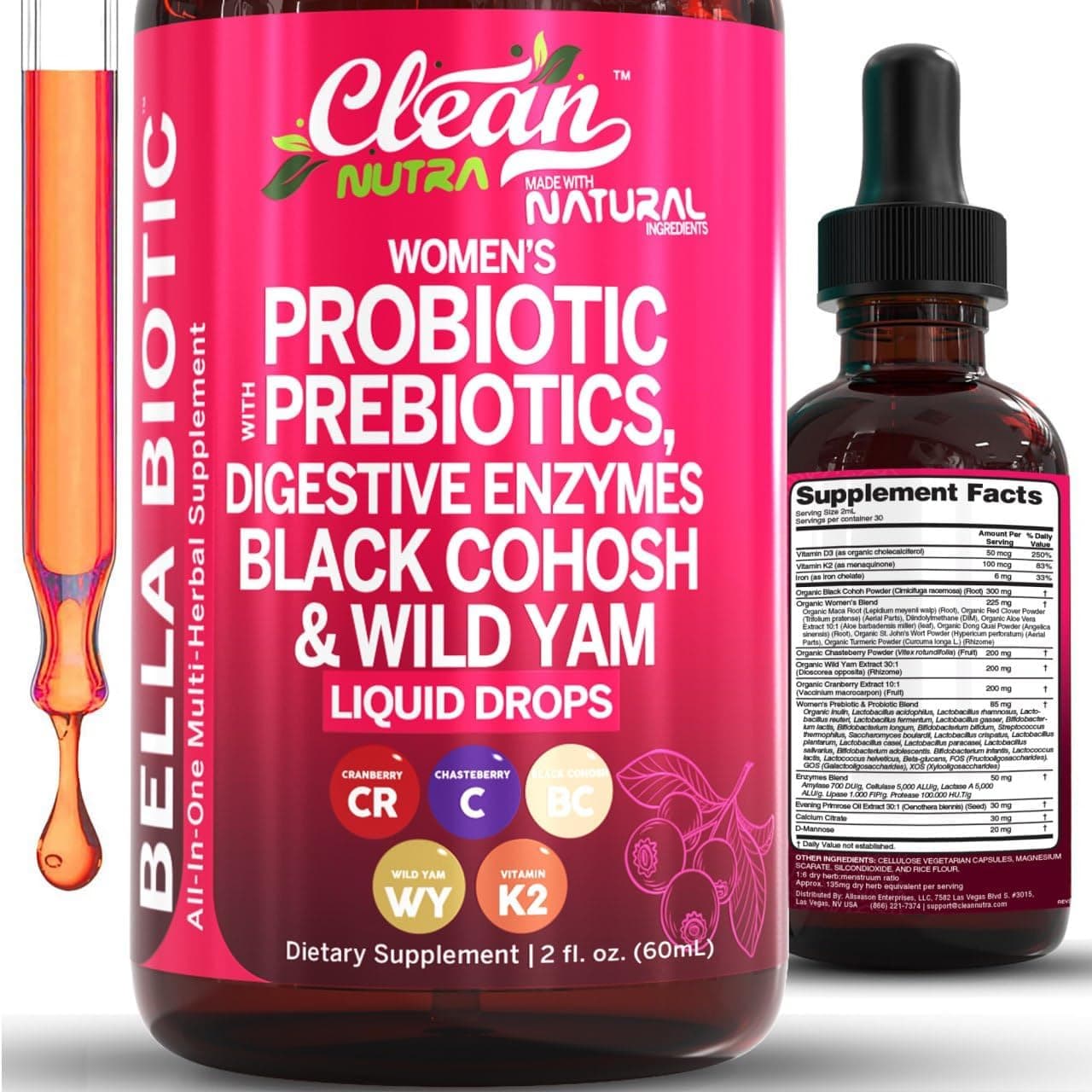Liquid Probiotics for Women Drops with Chasteberry Black Cohosh Prebiotics Digestive Enzymes Evening Primrose Oil Wild Yam Cranberry Dmannose and Iron Vitamin D3 K2 Clean Nutra Bella Biotics
